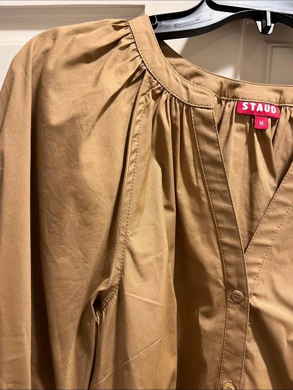 STAUD Camel Puff-Sleeve Button Front Blouse